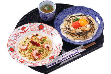 たらこと湯葉とモッツァレラチーズのカルボナーラ+タコのペペロンチーノ